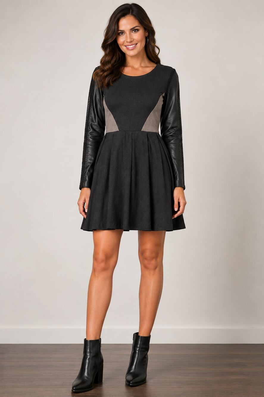 Stella & Jamie L Leather Sleeve Colorblock Dress Black Gray Moto Rocker Indie